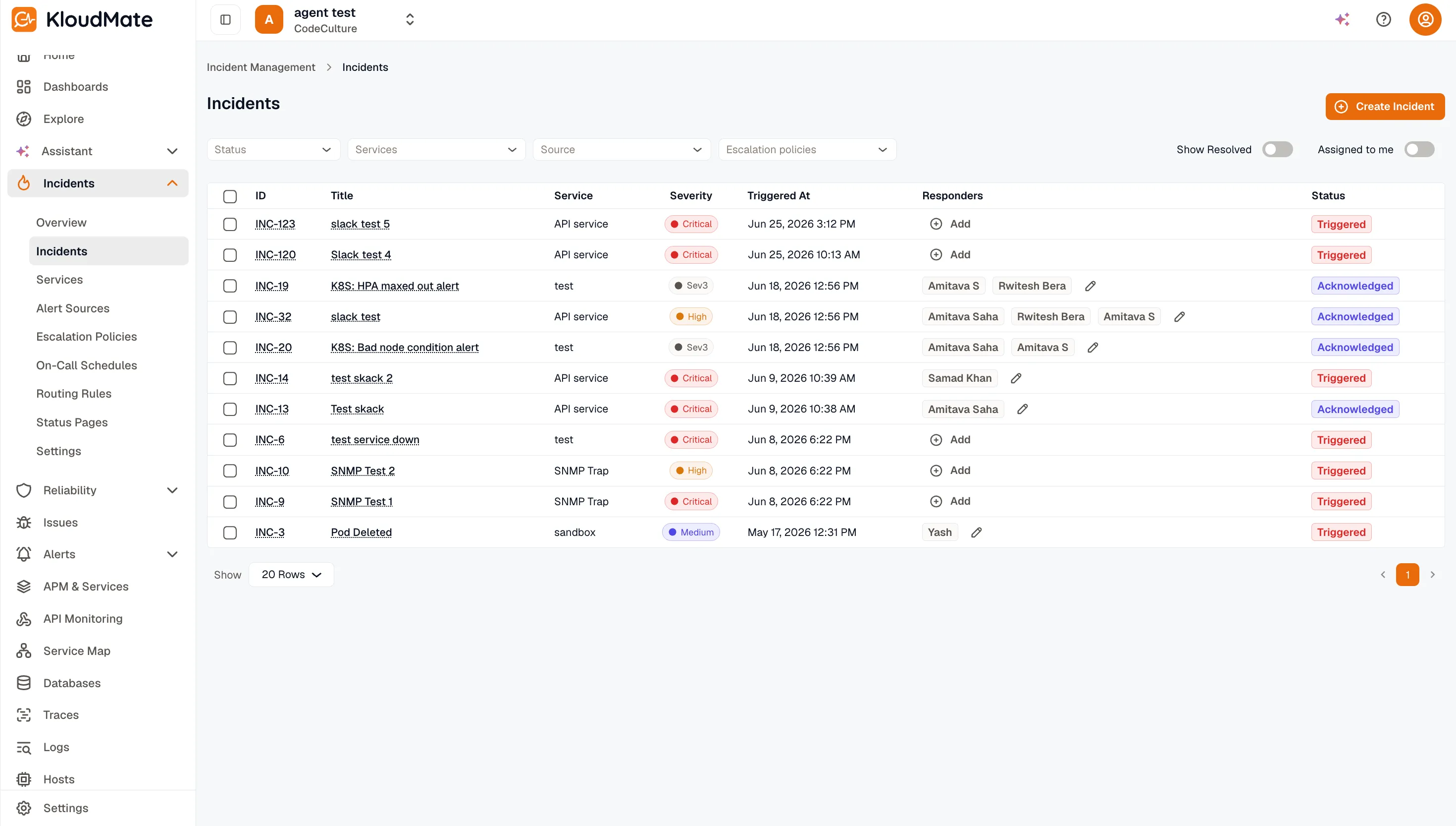 Incident list with filters and bulk actions