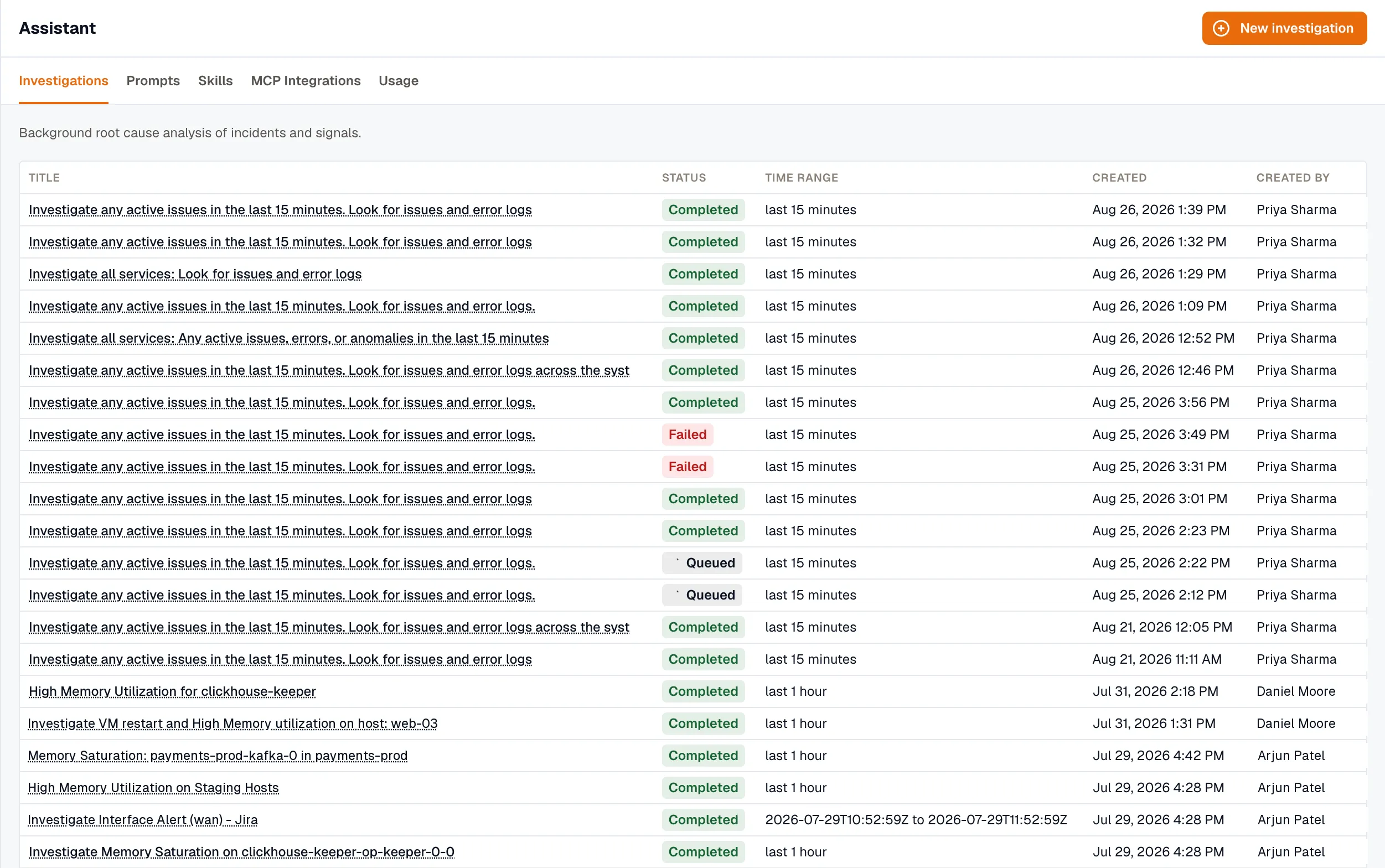 The investigations list with Title, Status, Time Range, Created, and Created By columns