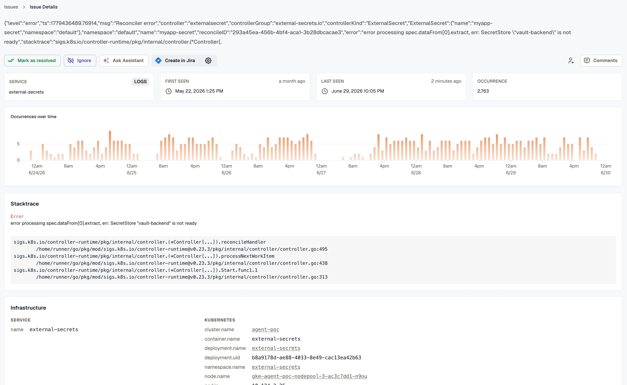 Issue detail page showing error message, metadata, occurrence chart, stacktrace, and infrastructure context