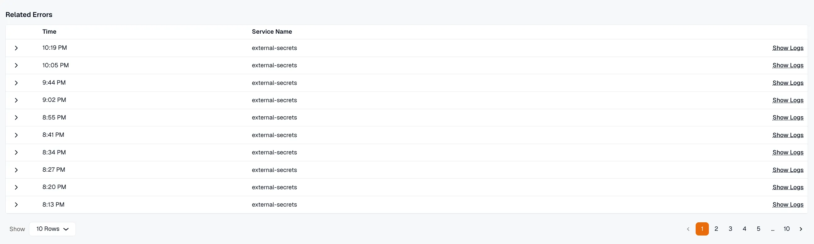 Infrastructure context and Related Errors table with timestamps and Show Logs links