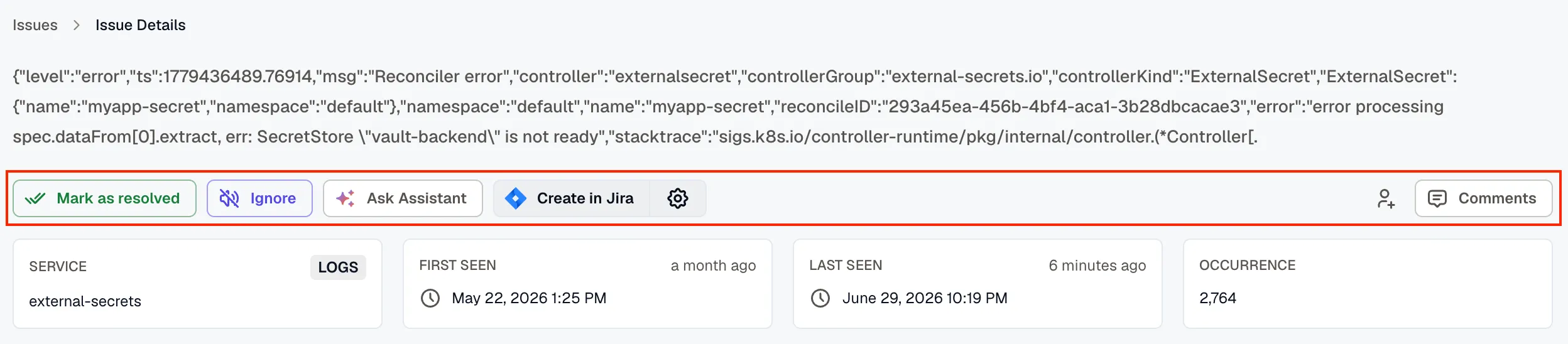 Action bar showing Mark as resolved, Ignore, Ask Assistant, Create in Jira, and Comments