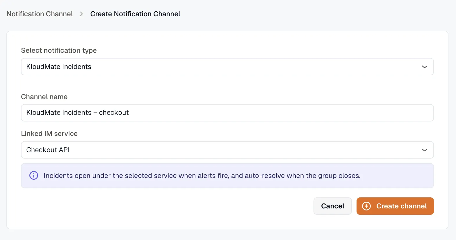 Create KloudMate Incidents channel