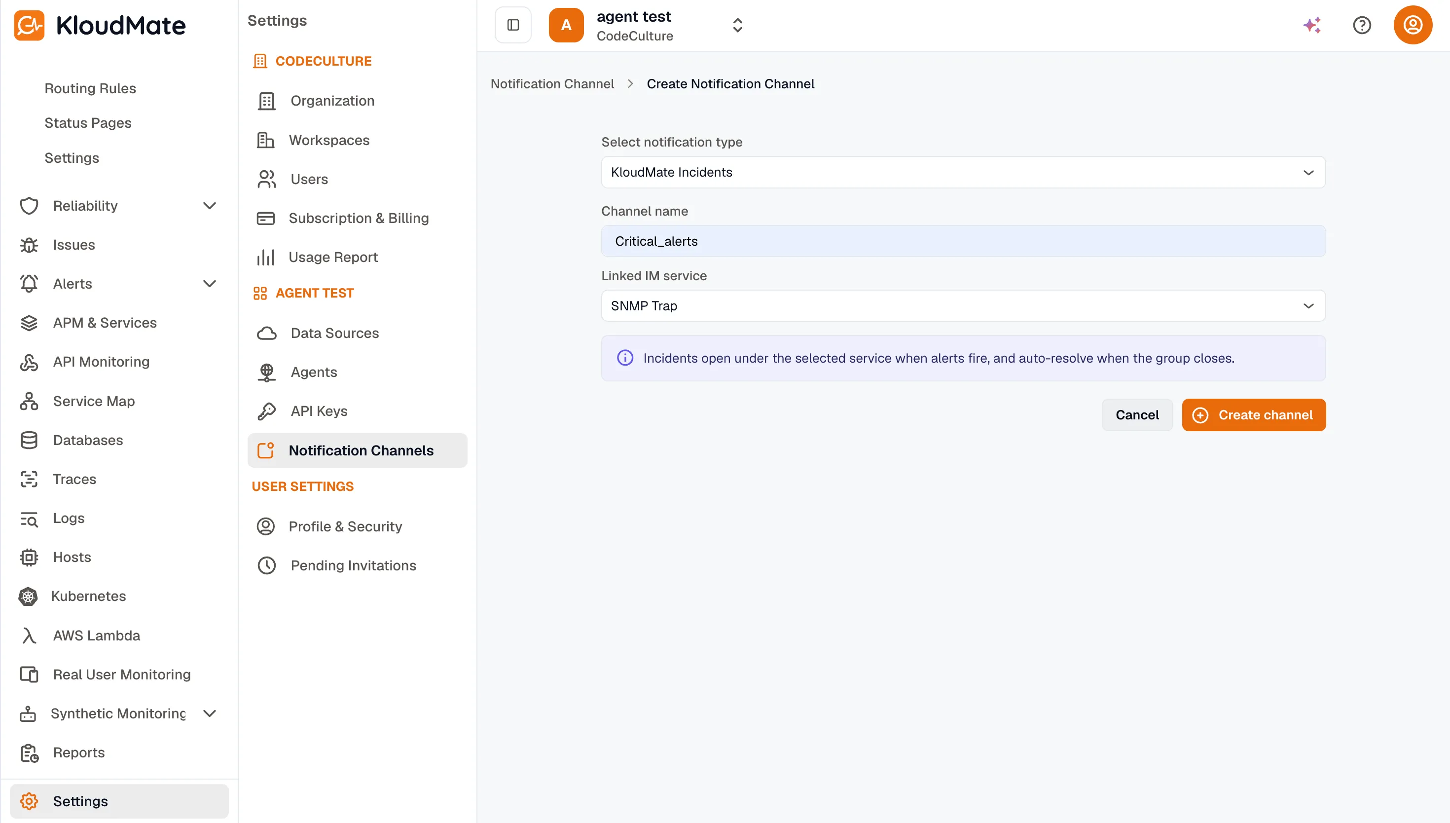 Create KloudMate Incidents channel