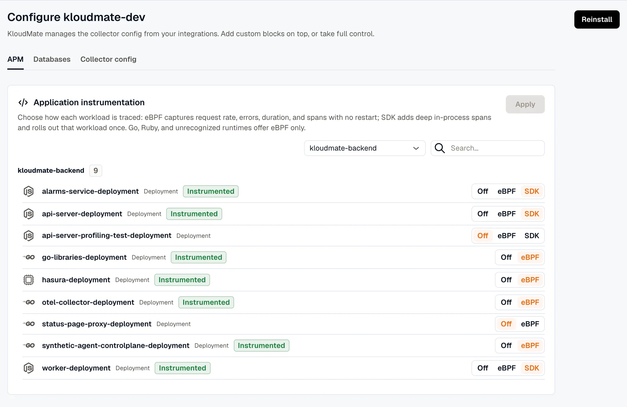 The Kubernetes APM list grouped by namespace, with per-workload Off / eBPF / SDK controls. SDK-capable workloads show all three modes; Go and unrecognized runtimes such as Hasura show only Off and eBPF.