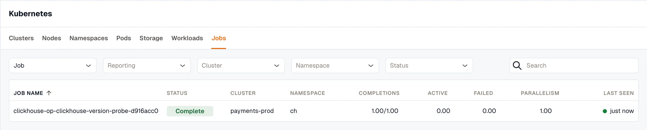 Jobs tab in Kubernetes