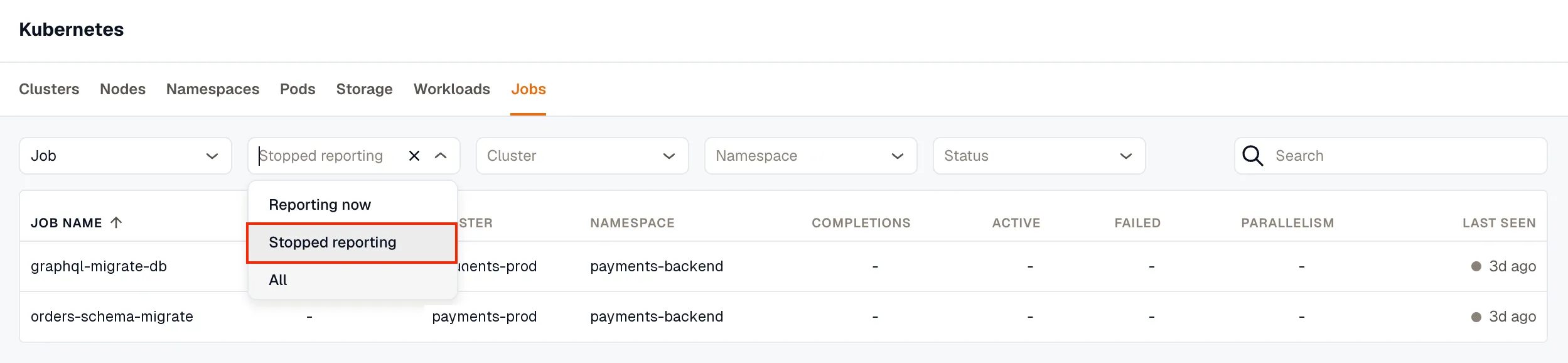Reporting filter in Kubernetes