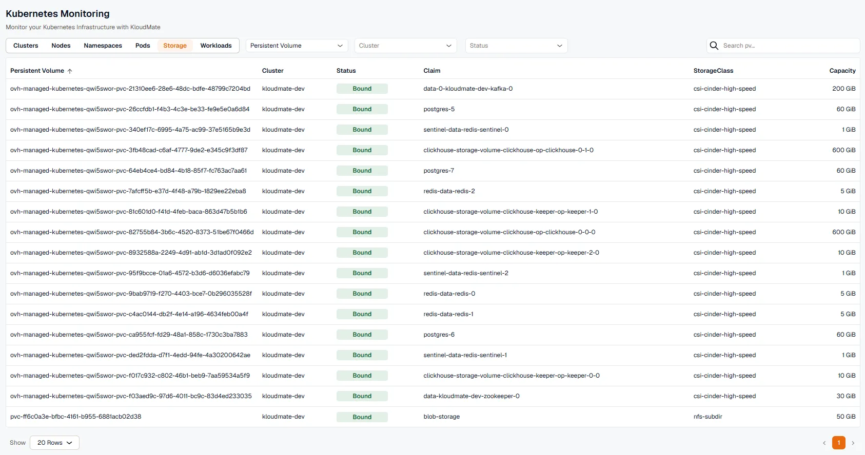 Storage tab in Kubernetes Monitoring, listing Persistent Volumes with their cluster, status, claim, storage class, and capacity