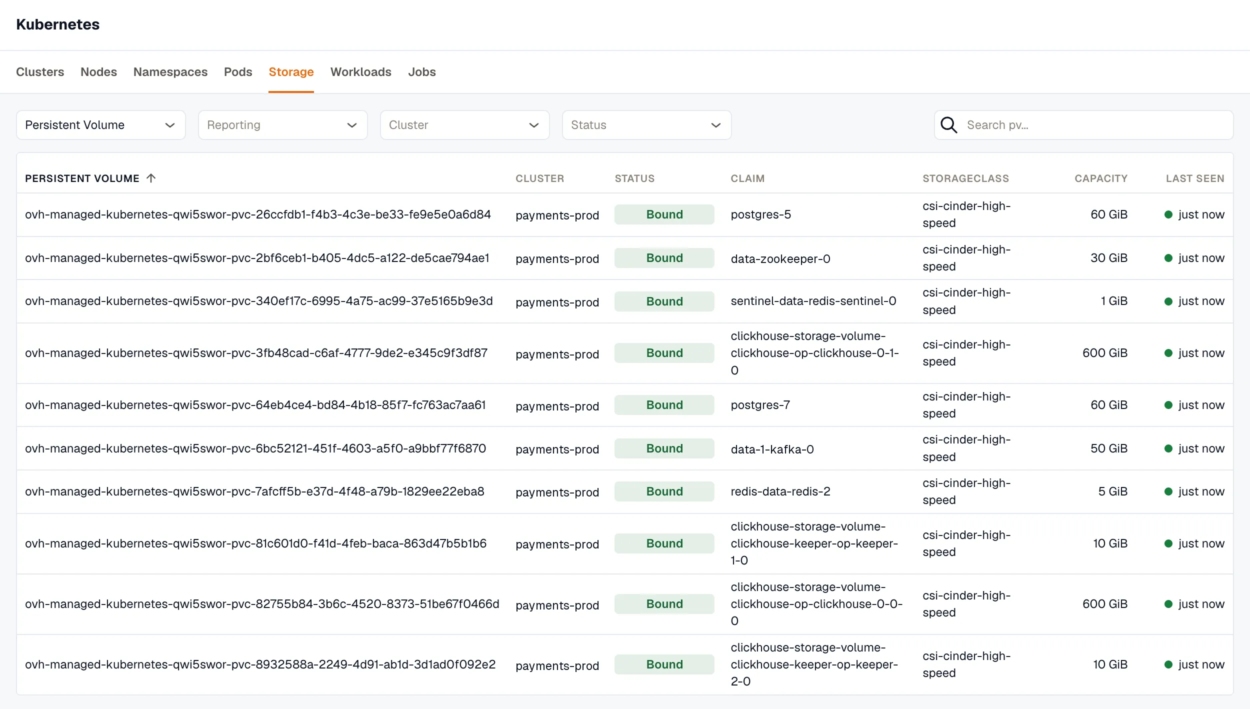 Storage tab in Kubernetes, listing Persistent Volumes with their cluster, status, claim, storage class, and capacity