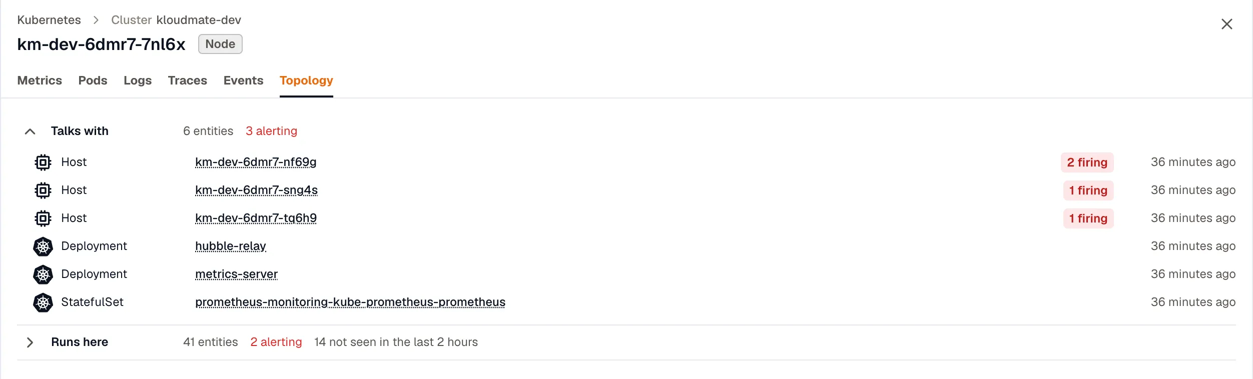 The Topology tab of a Kubernetes node, with Talks with expanded to show the hosts and workloads the node talks with and their firing alerts
