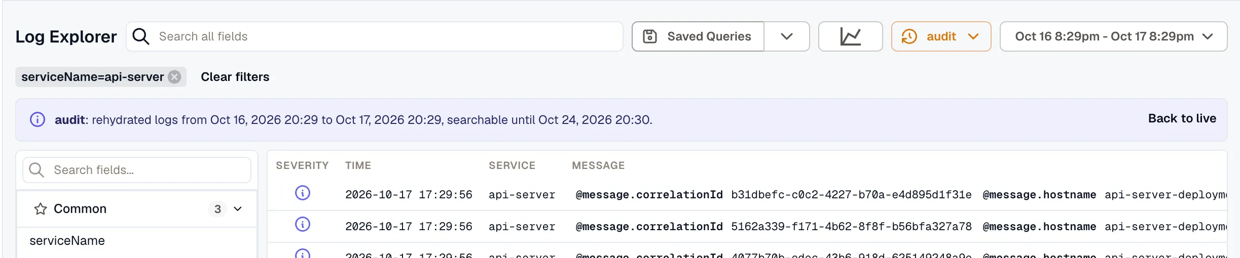 The Log Explorer reading a rehydration named audit, with the banner showing its range, when it expires, and Back to live