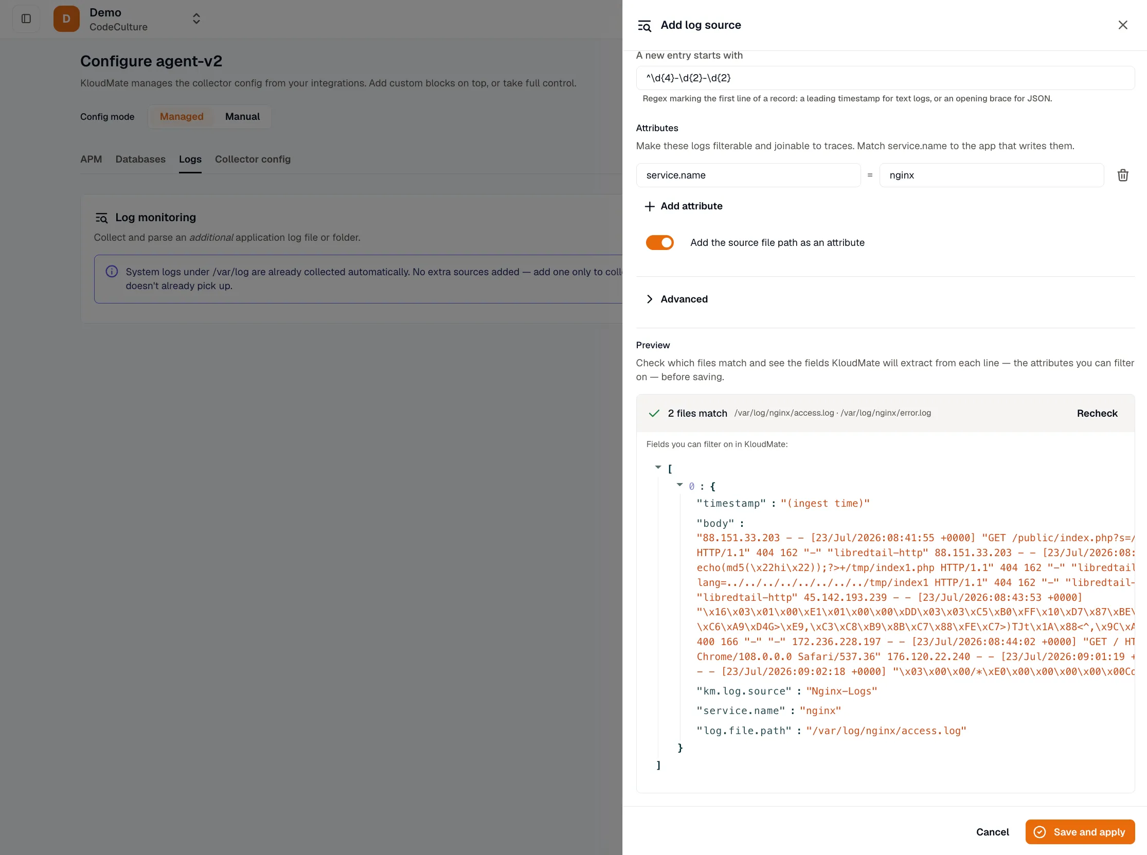 The Preview results panel, showing the matched files and a parsed sample record with its timestamp, body, and attributes.