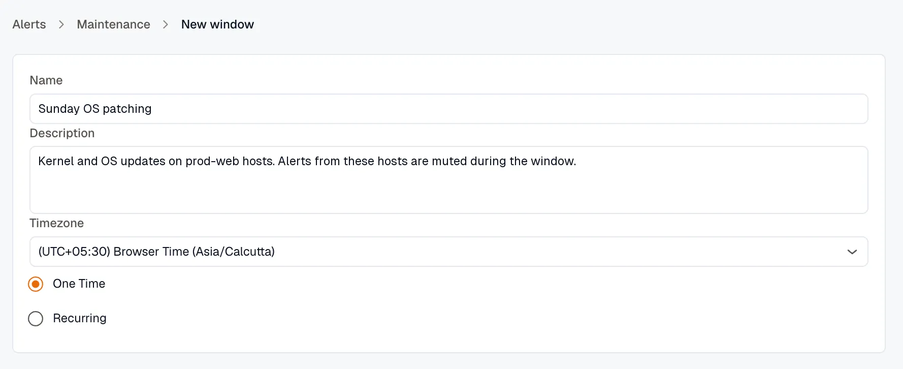 Maintenance window Name, Description, Timezone, and One Time/Recurring fields