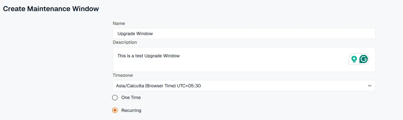 Maintenance window Name, Description, Timezone, and One time/Recurring fields