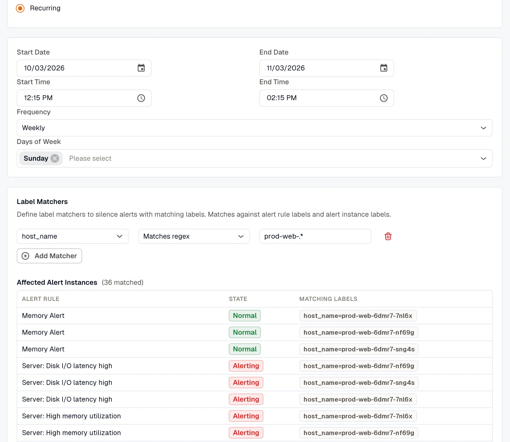 Maintenance window schedule, Label Matchers, Affected Alert Instances preview, and Save button