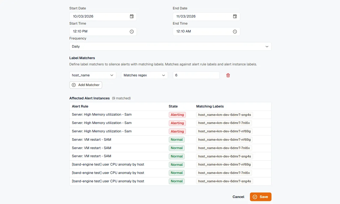 Maintenance window additional settings, Affected Alert Instances preview, and Save button