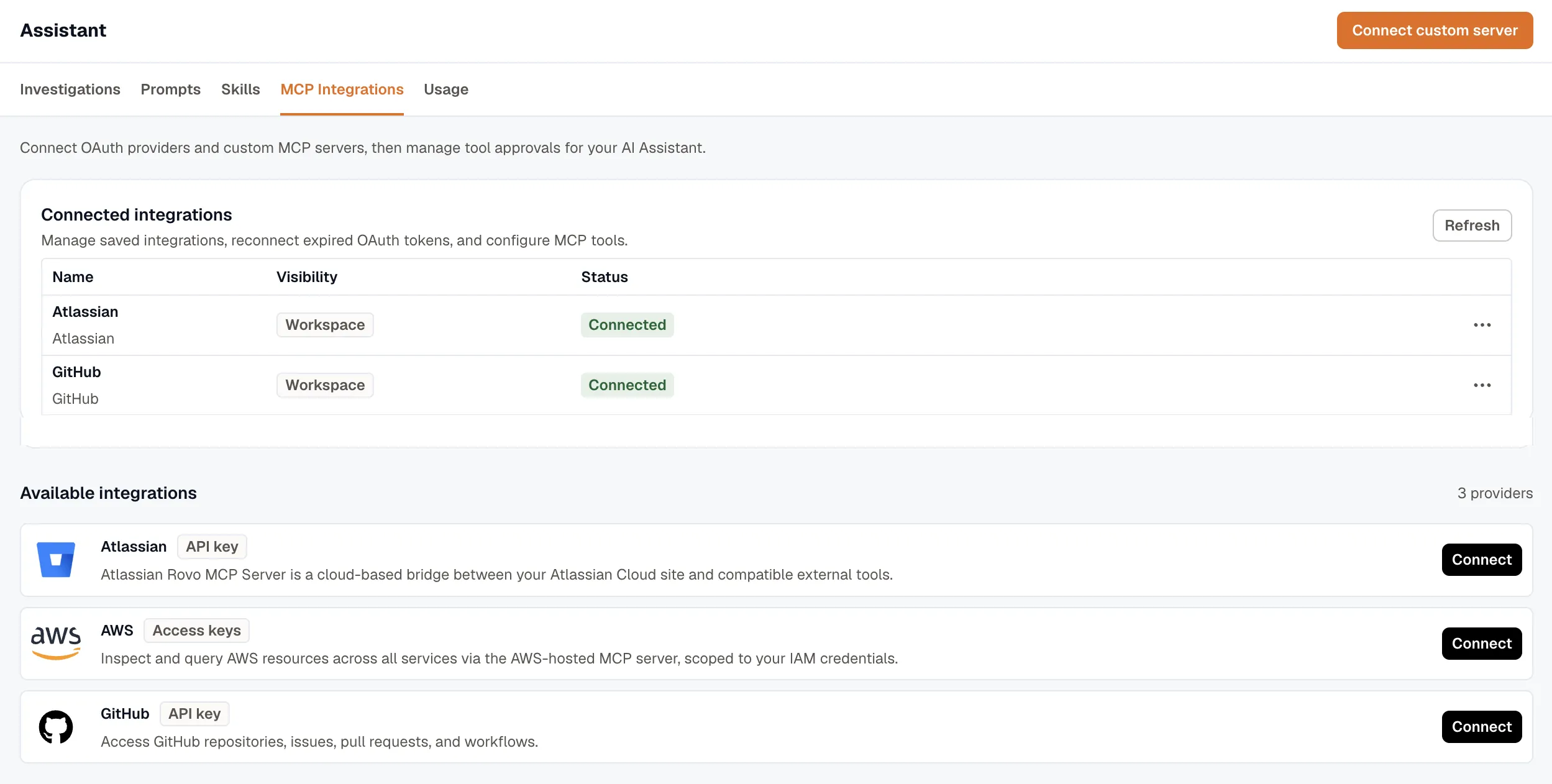 The MCP Integrations tab under Assistant: Connected integrations with Name, Visibility, and Status columns, and Available integrations with Connect buttons