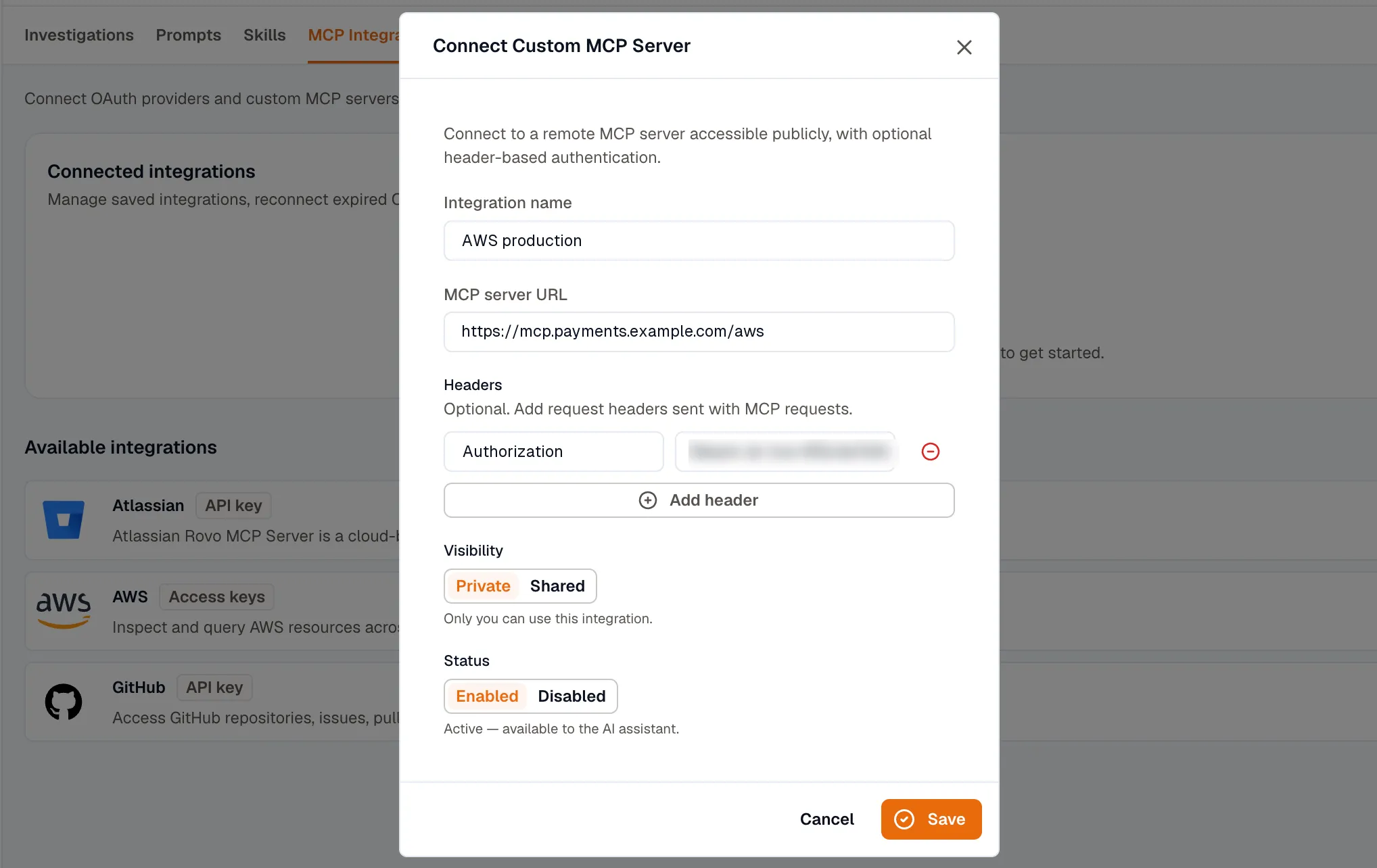 The Connect Custom MCP Server dialog with Integration name, MCP server URL, Headers, Visibility, and Status fields