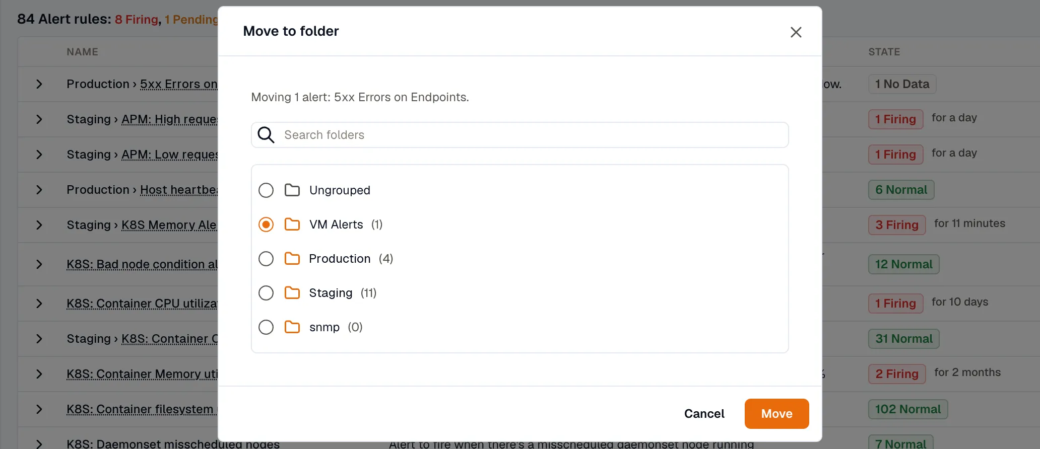 Move to folder dialog