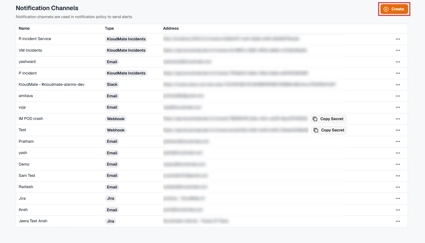 Notification Channels list, showing each channel's name, type, and address