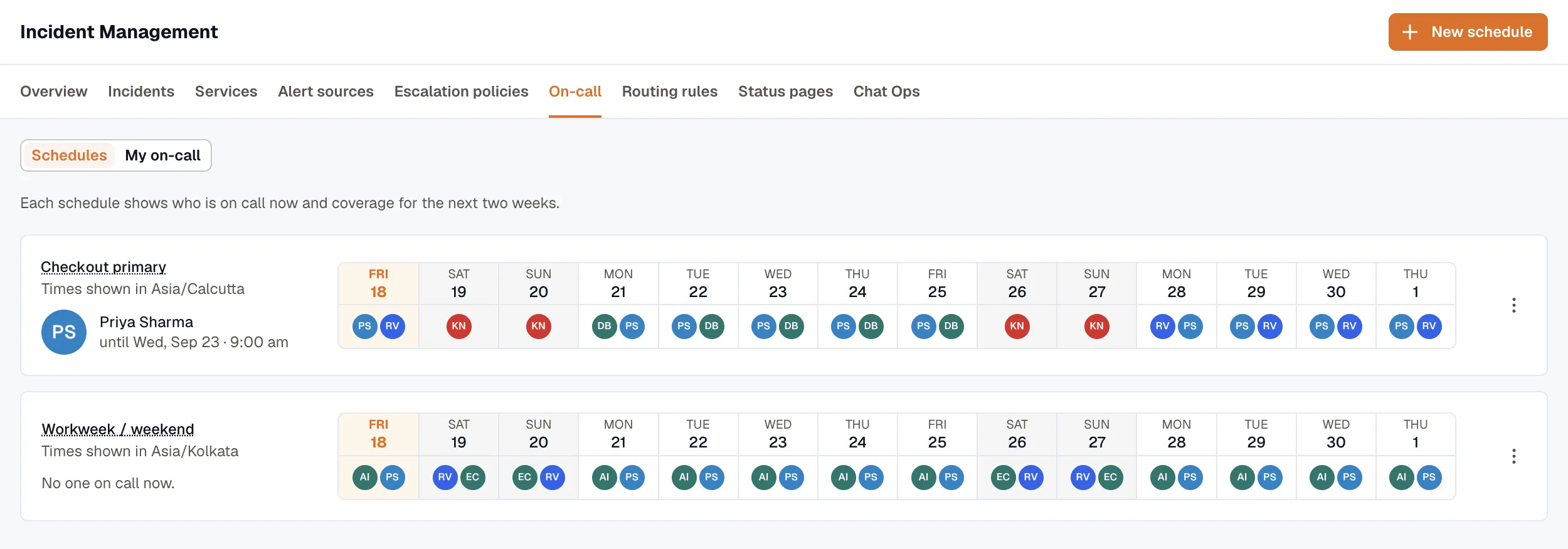 Schedules and My on-call views in the On-call tab