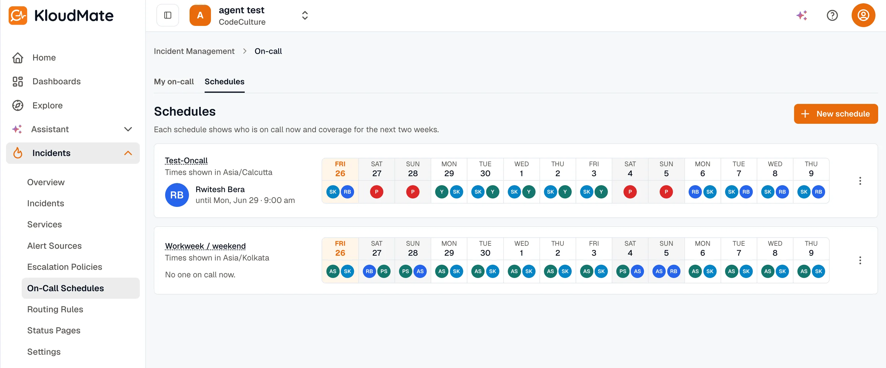 On-call section with My on-call and Schedules tabs