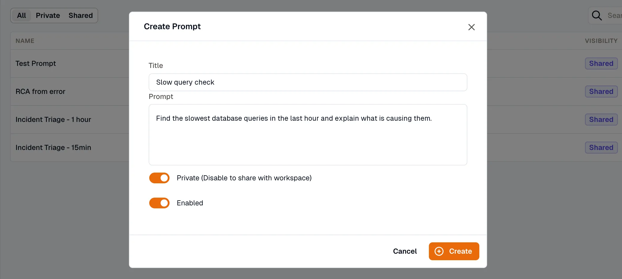 The Create Prompt dialog with Title, Prompt, Private, and Enabled fields