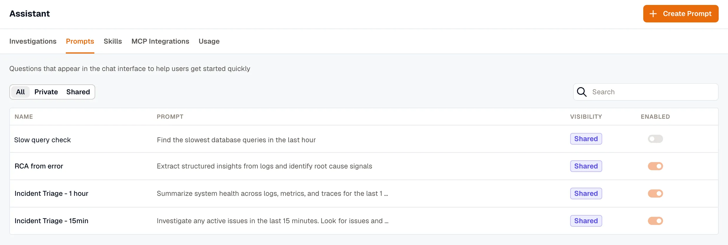 The Prompts tab under Assistant: a list of prompts with Name, Prompt, Visibility, and Enabled columns, and the Create Prompt button