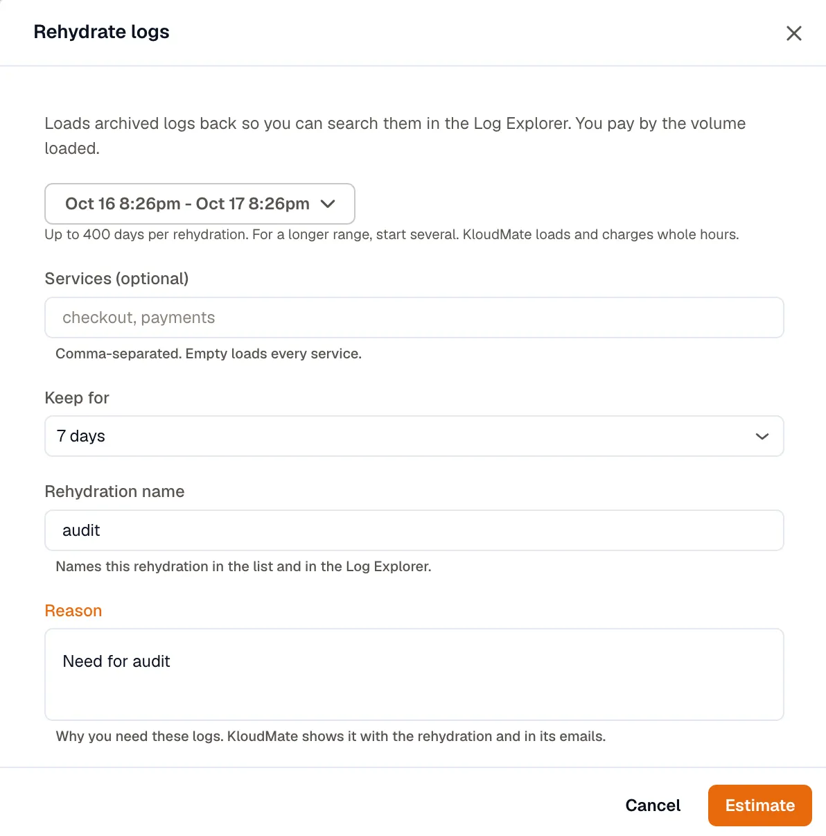 The Rehydrate logs dialog with a range, Keep for set to 7 days, a name, and a reason filled in