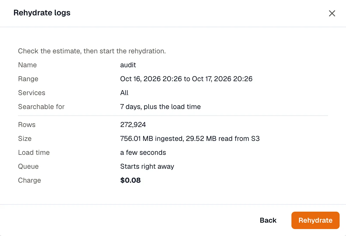 The estimate review, with Rows, Size, Load time, Queue, and Charge