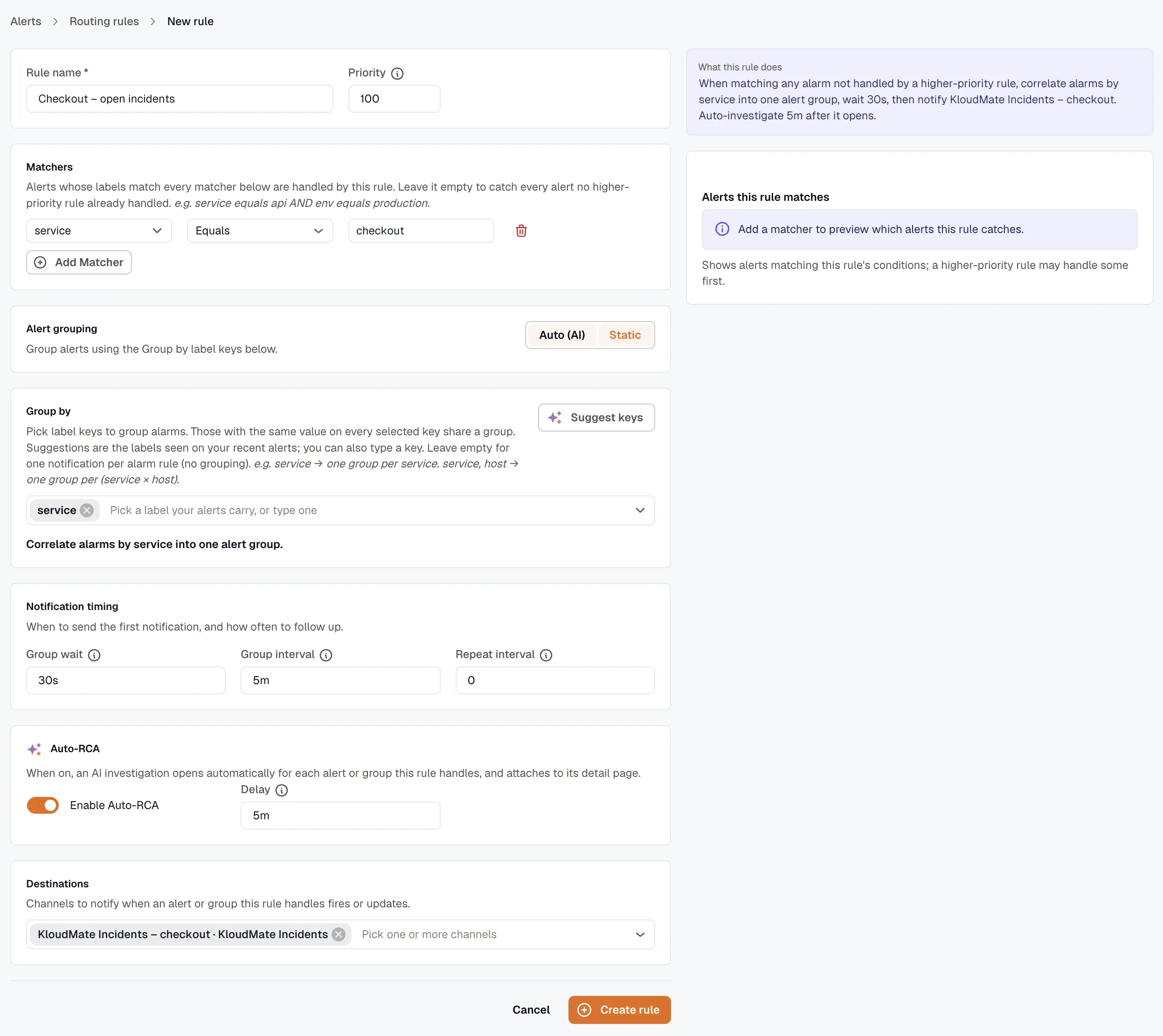 Routing rule with KloudMate Incidents destination