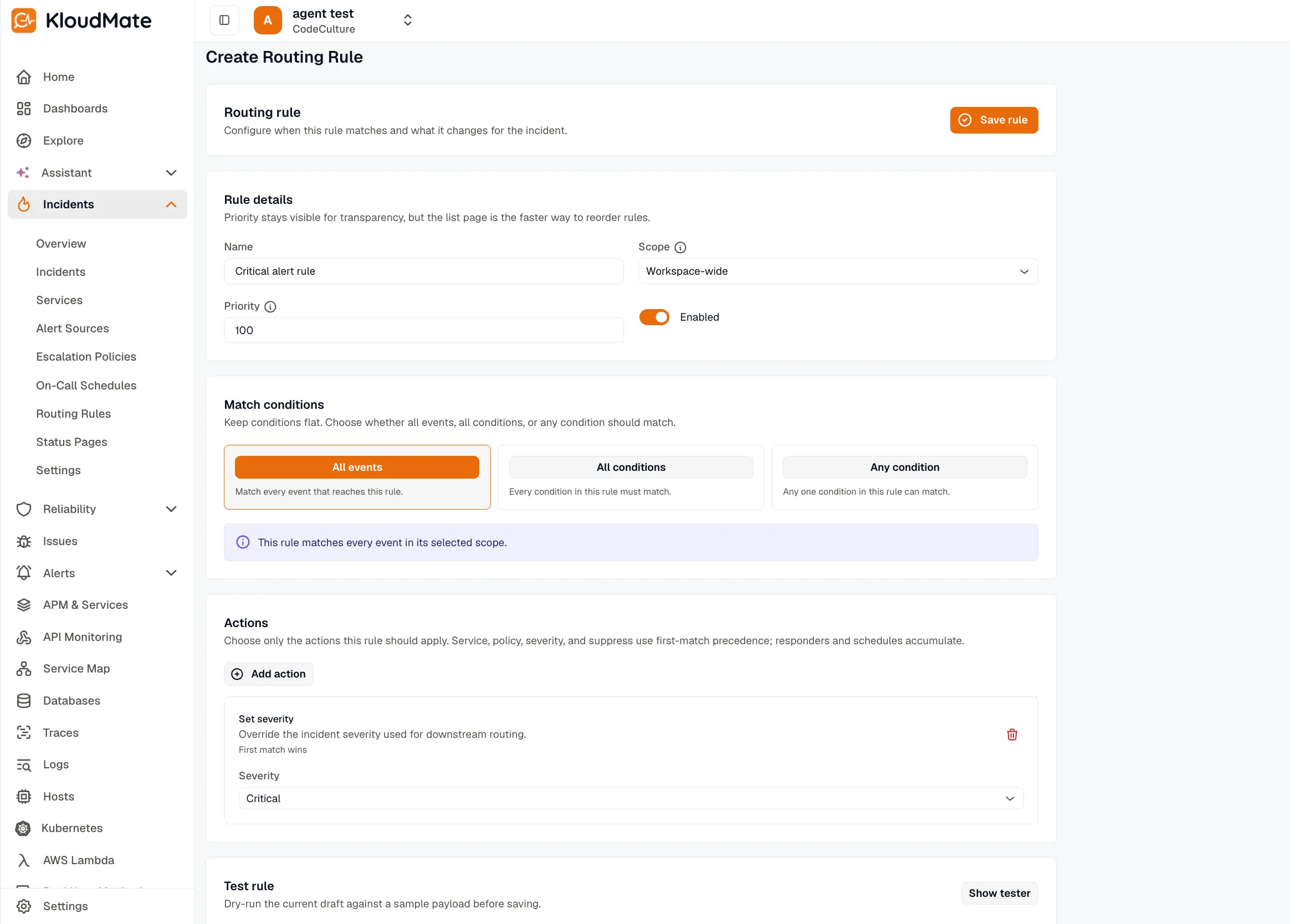 Routing rule with KloudMate Incidents destination