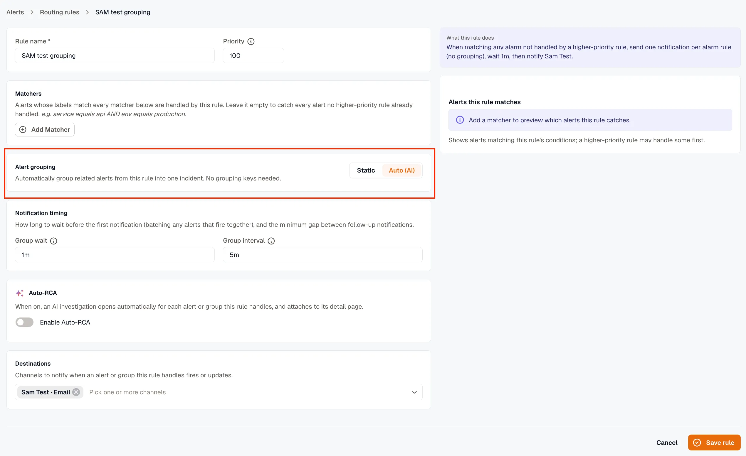 Routing rule editor with Alert grouping set to Auto (AI) and no Group-by keys picker shown