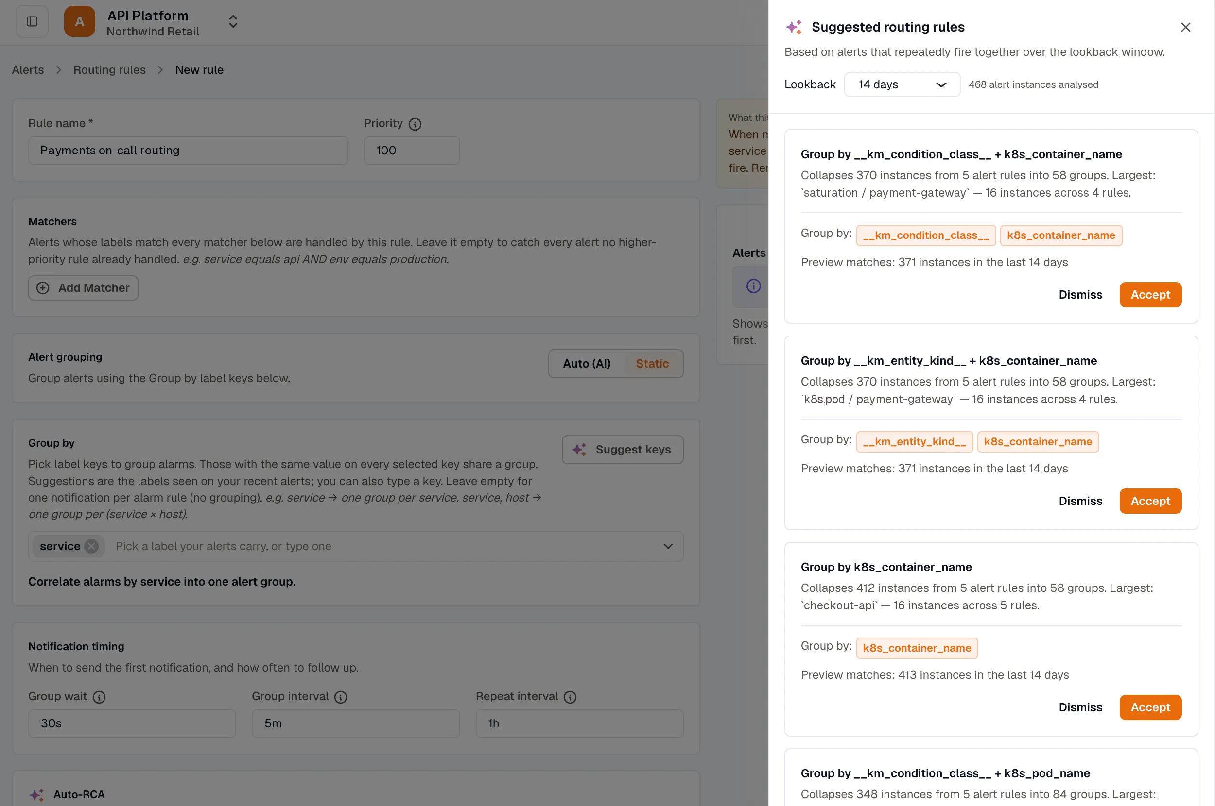 Suggested routing rules drawer with the Lookback selector and suggestion cards