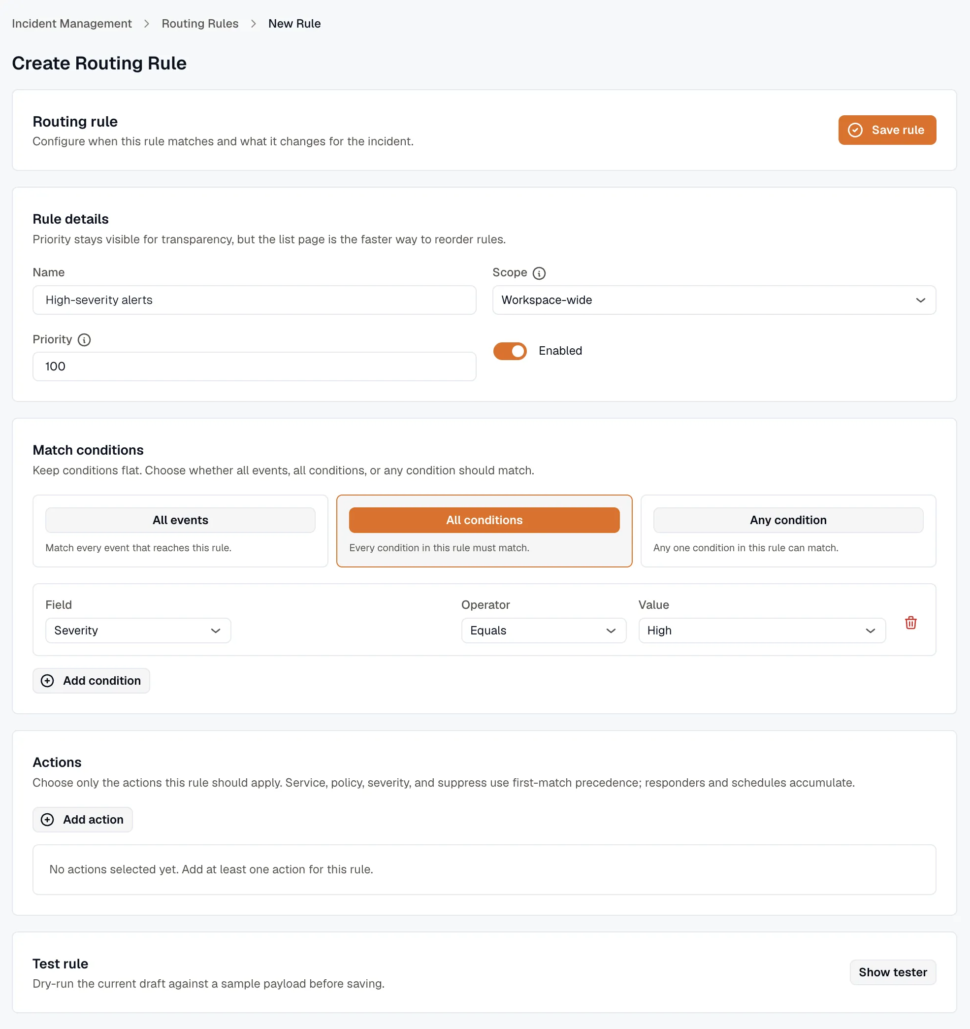 Routing rule editor with match conditions