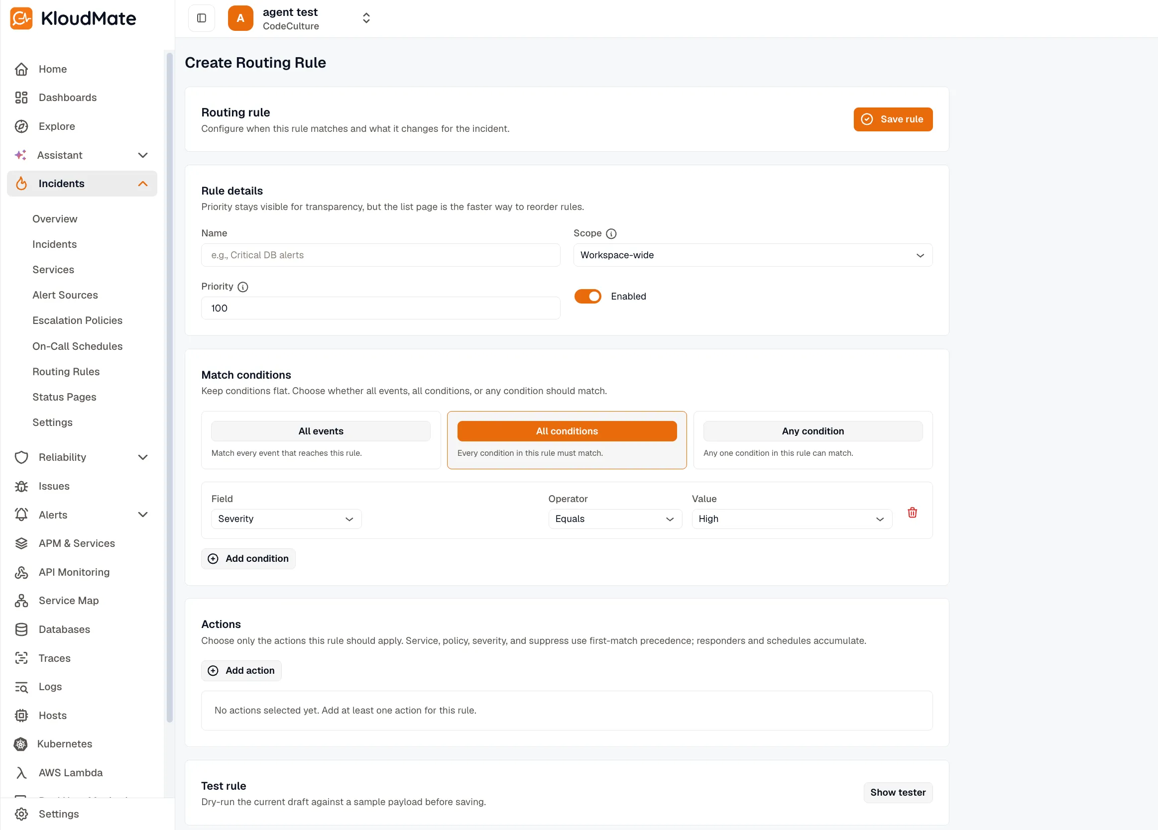 Routing rule editor with match conditions