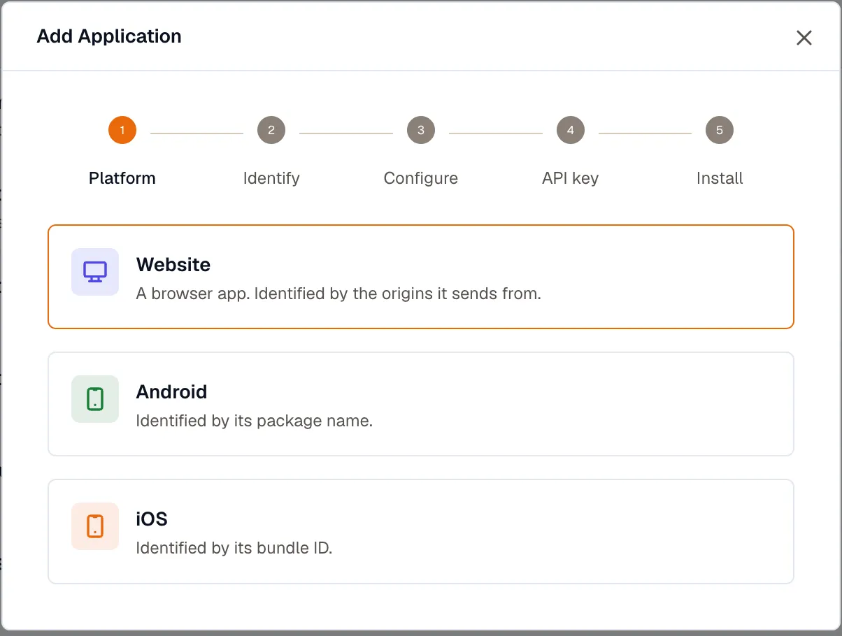 The Add Application wizard on the Platform step, with Website, Android, and iOS options