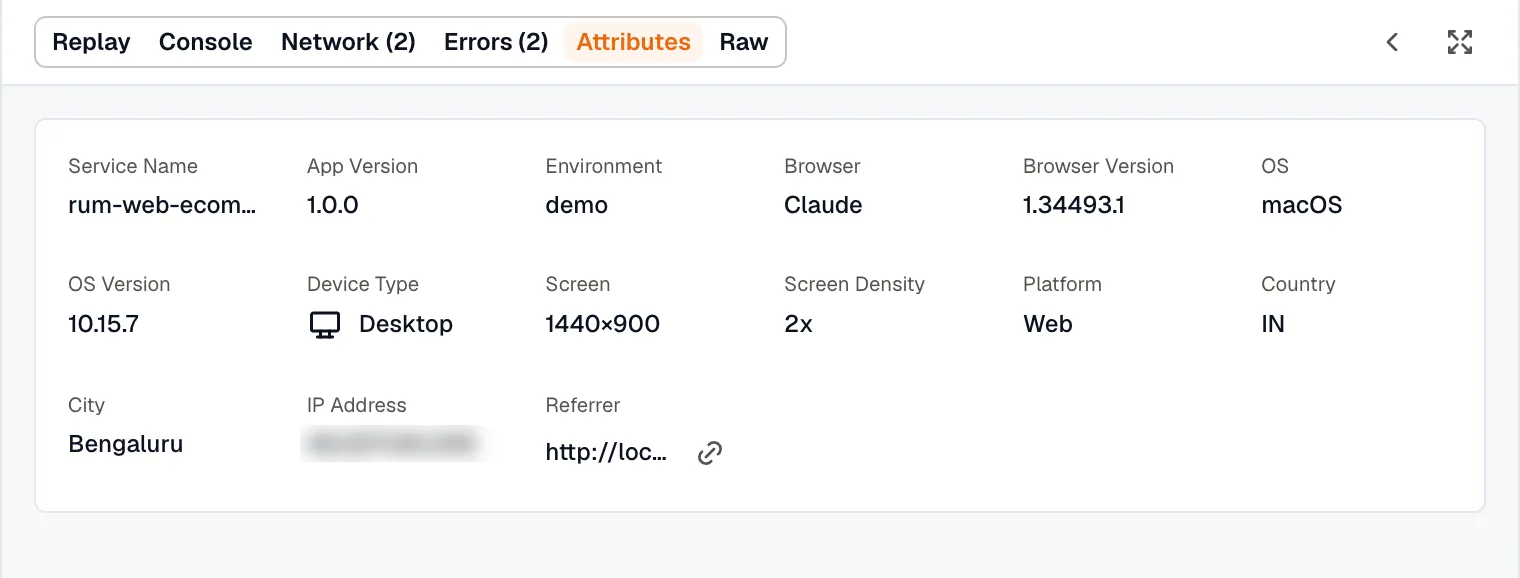 The Attributes tab showing service, environment, browser, OS, device type, Screen, Screen Density, platform, and location fields