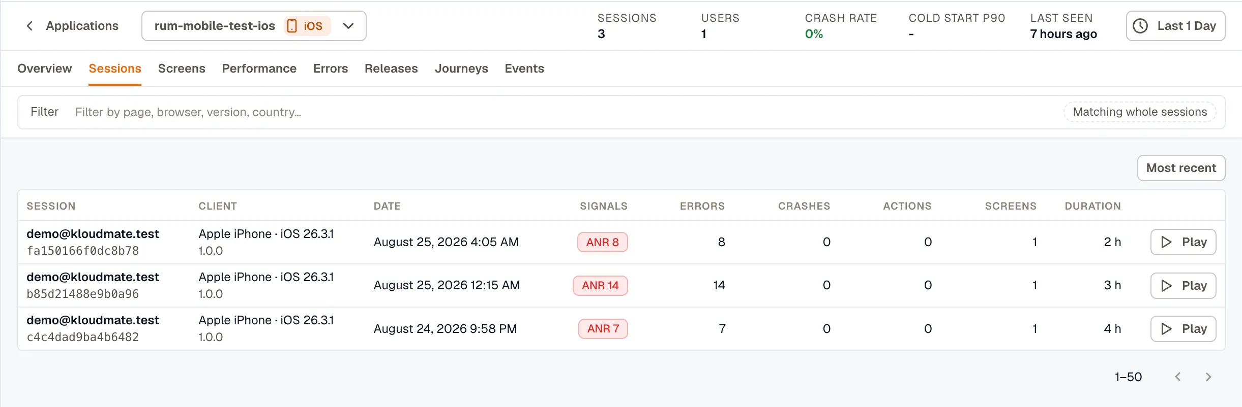 The Sessions tab listing sessions with client, date, ANR signal badges, errors, screens, duration, and a Play button