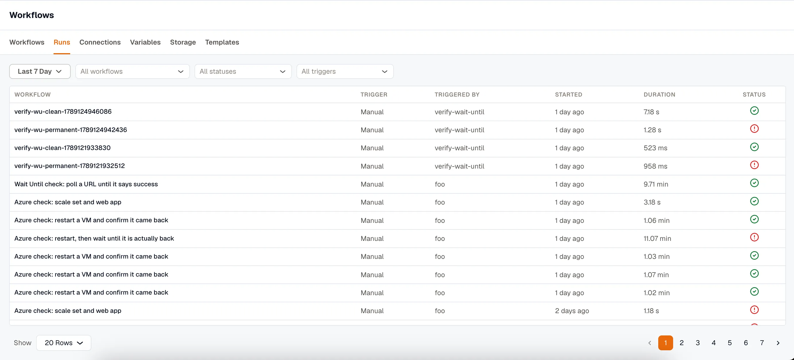 The Runs list, with filters for time range, workflow, status, and trigger, and a row per run showing who set it off, when it started, how long it took, and how it ended