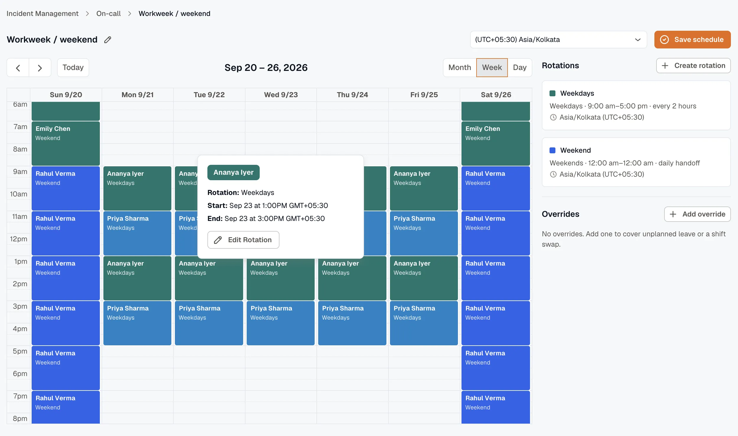 On-call schedule calendar preview