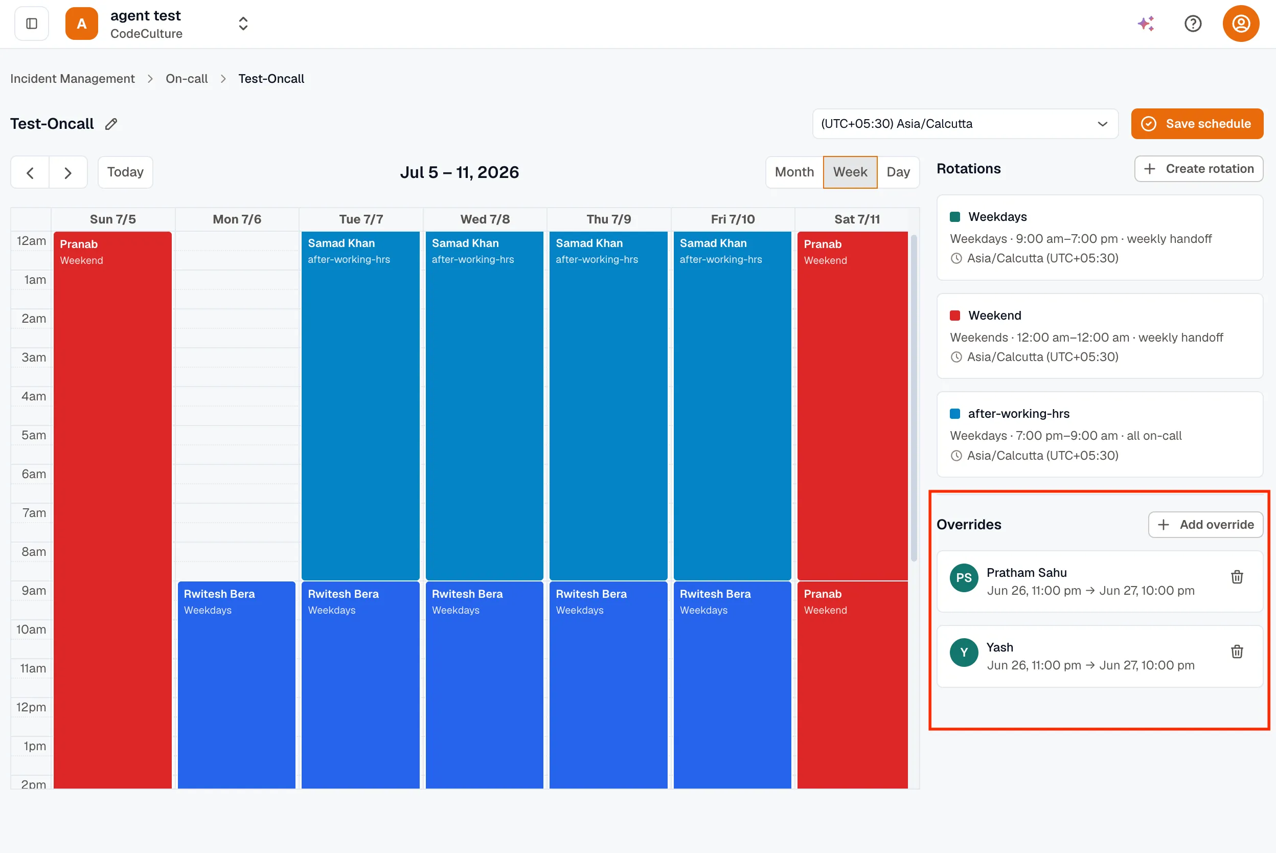 Schedule detail with overrides list