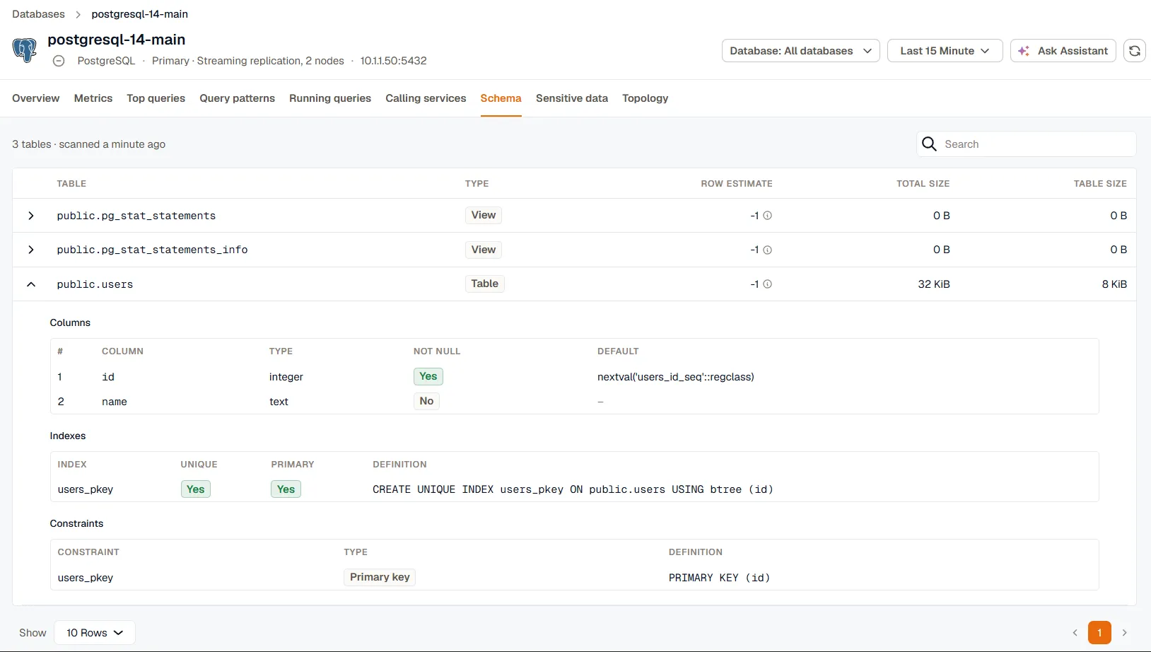 The Schema tab of a PostgreSQL instance, with the public.users table expanded to show its columns, its primary key index, and its primary key constraint.
