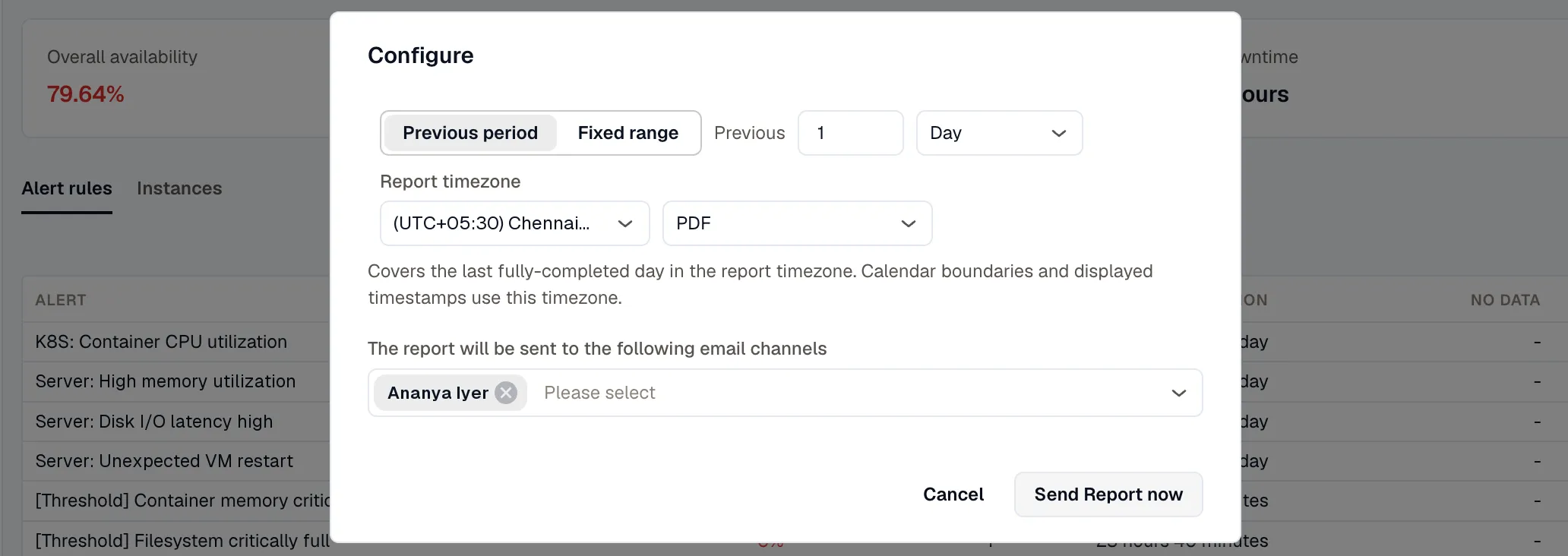 Send Report now dialog