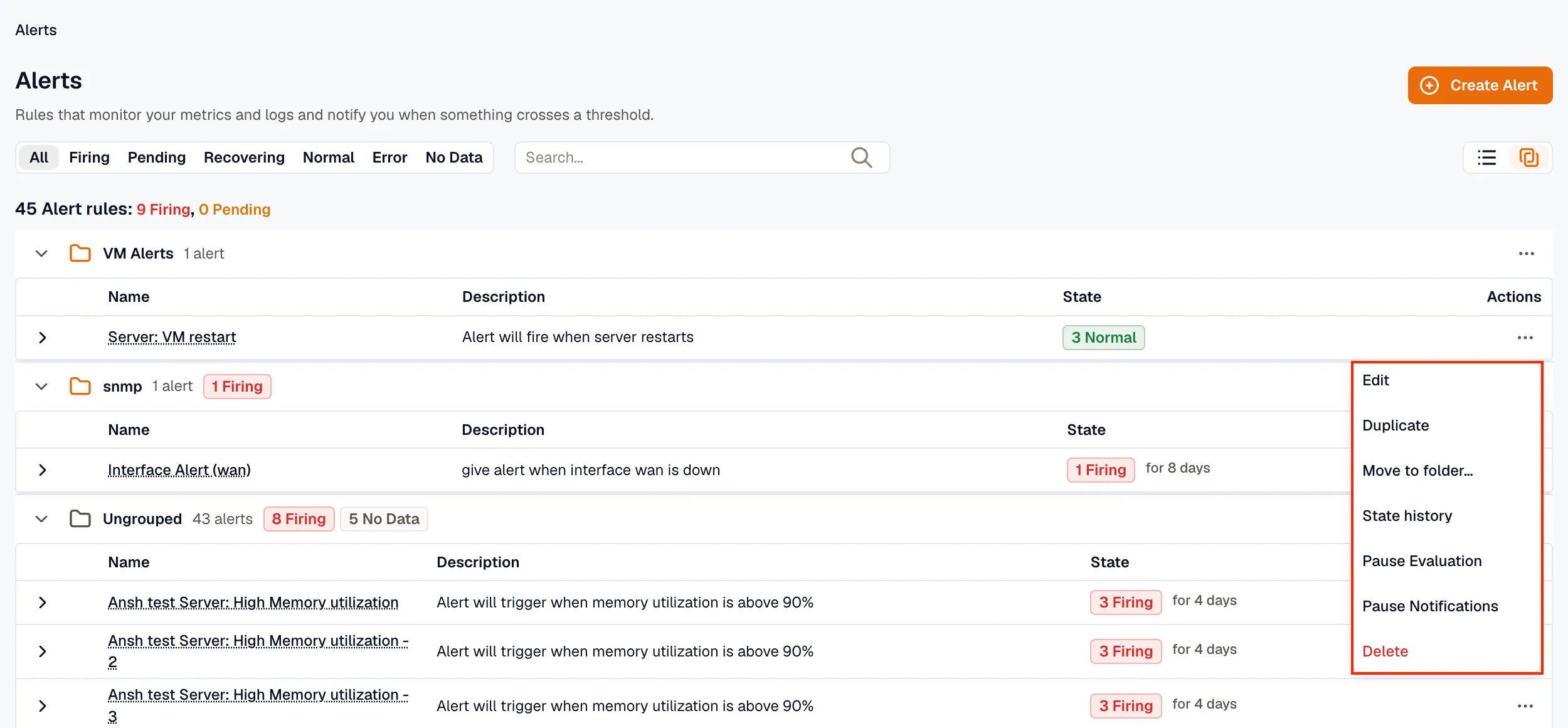Alert row actions