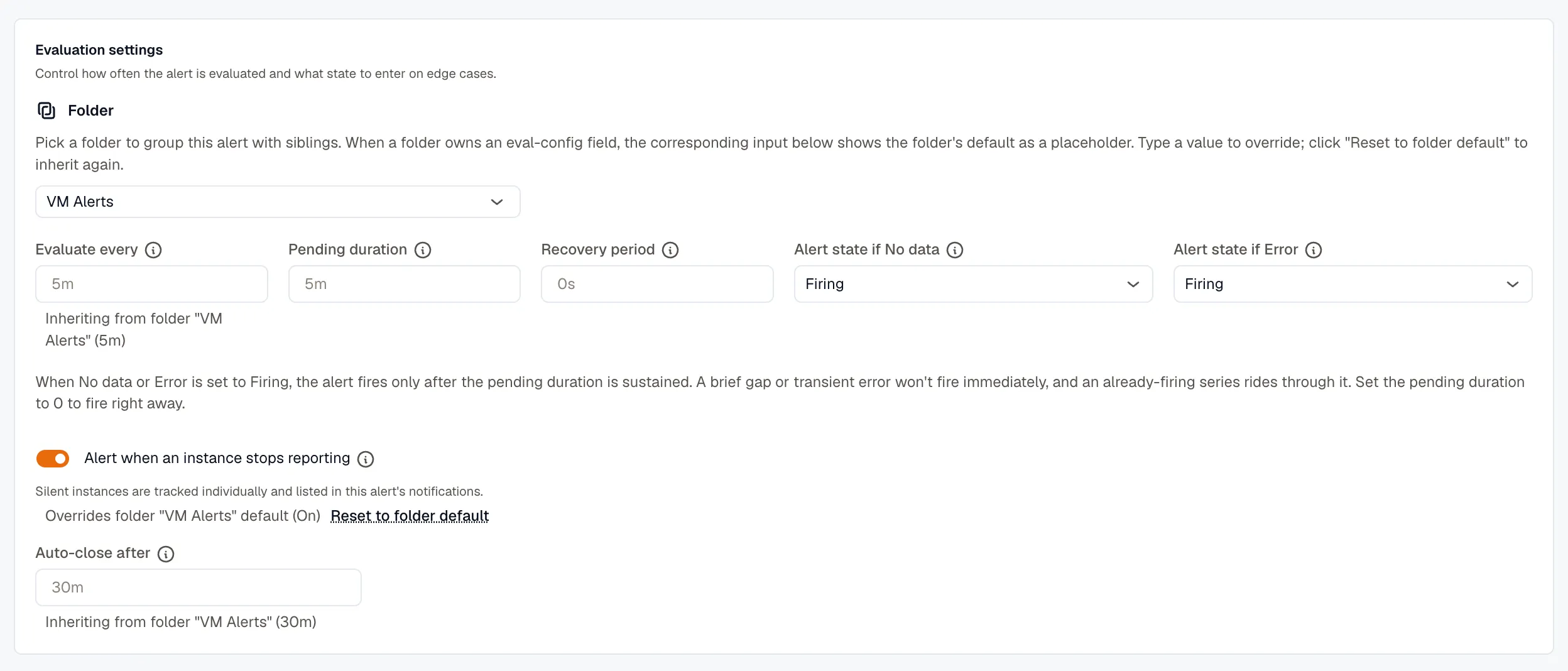 Evaluation settings with the folder picker, timing fields, no-data and error states, and the instance absence toggle