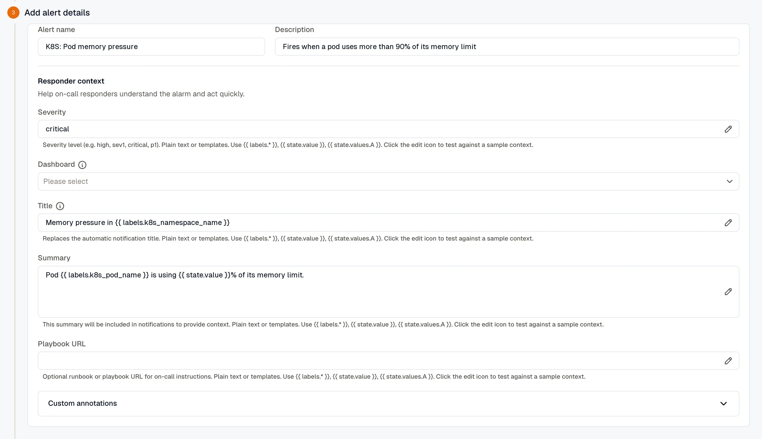 Alert details with the name, description, and Responder context fields, including Title