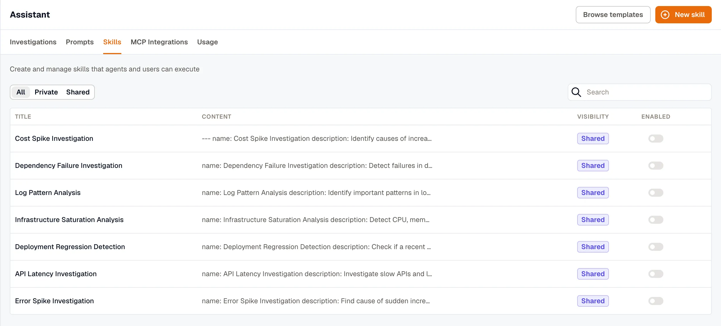 The Skills tab under Assistant: a list of skills with Title, Content, Visibility, and Enabled columns