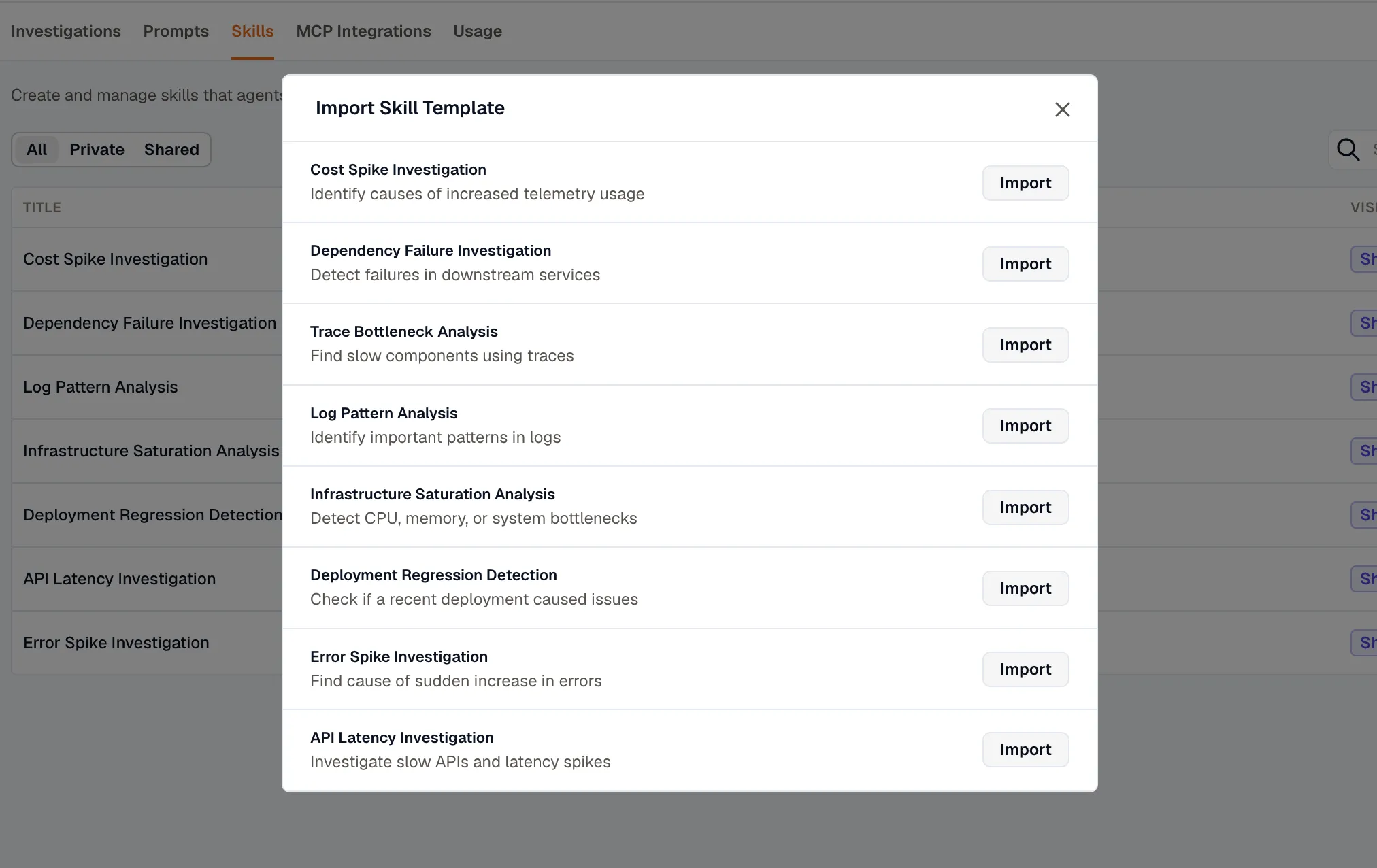 The Import Skill Template dialog listing skill templates, each with an Import button