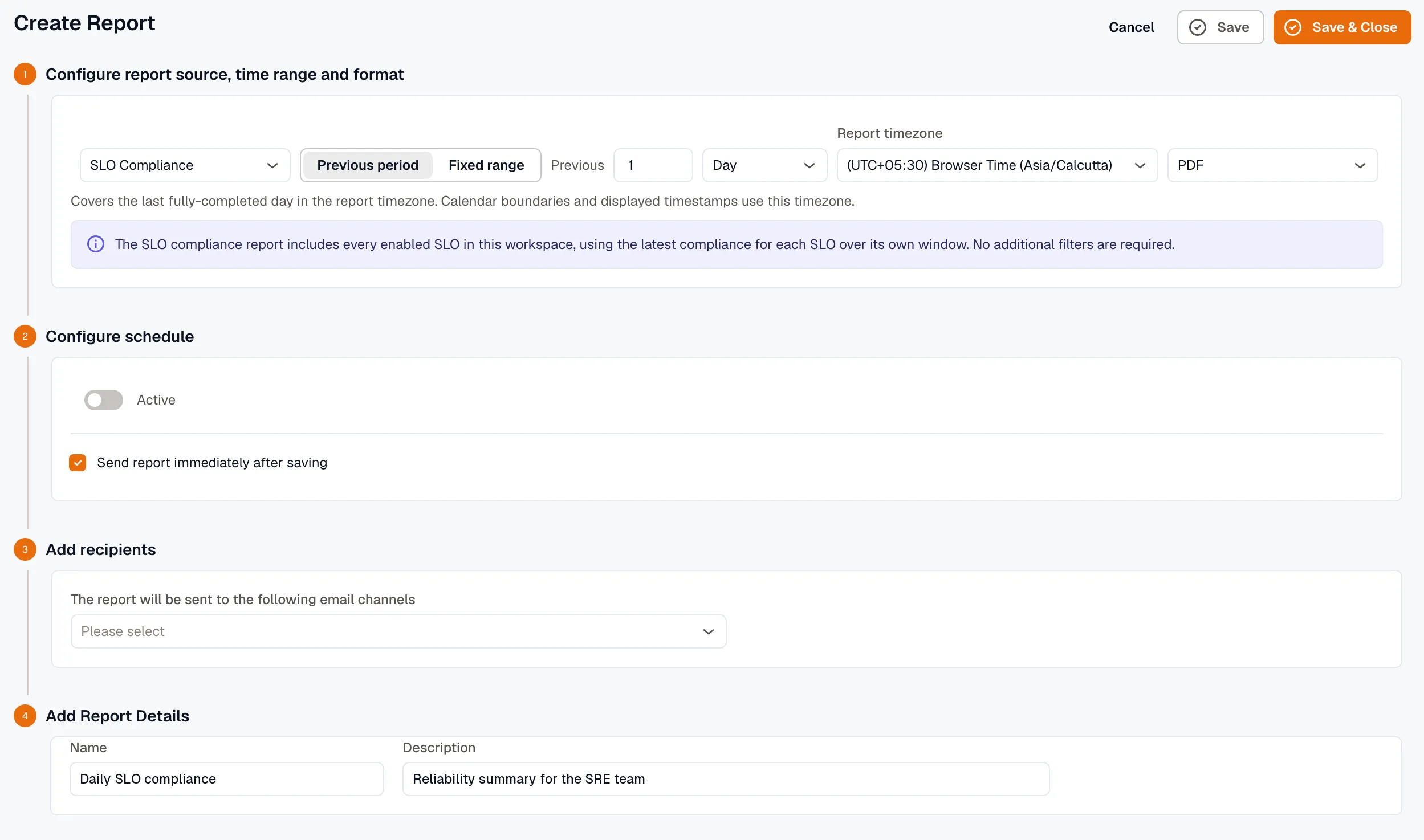 Create Report page with SLO Compliance selected as the source and Previous period selected