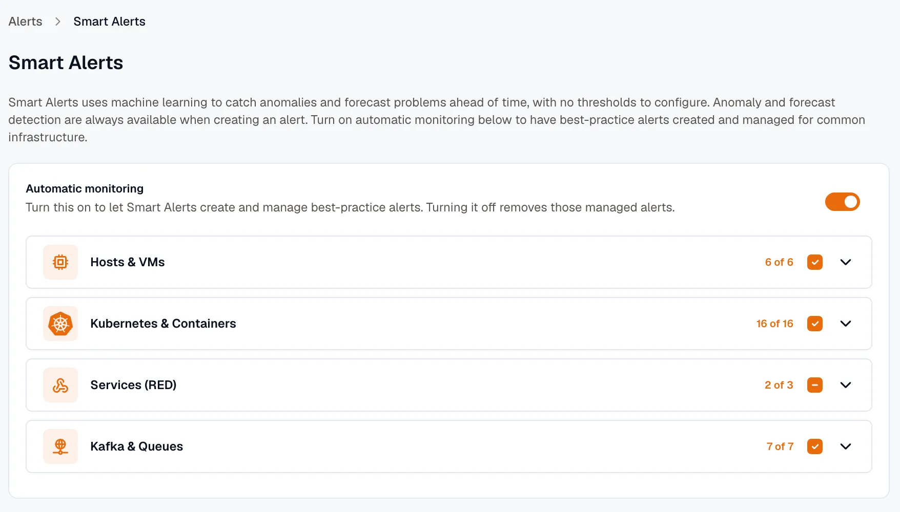 The Smart Alerts settings page: the Automatic monitoring toggle and the detector packs